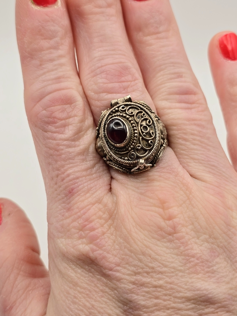Vintage Sterling Poison Ring with Garnet Gem